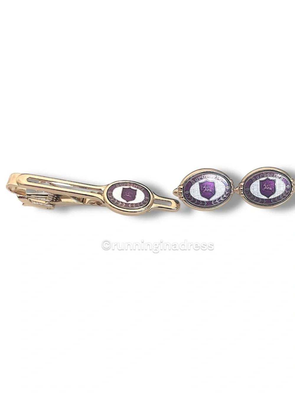VTG Burberrys Gold Purple Nova Check Equestrian Knight Enamel Cufflink Bar Set